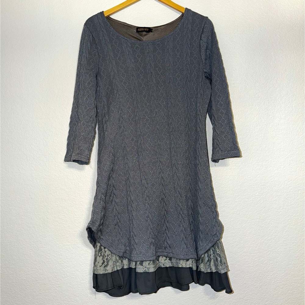 Reborn Women's Gray Knit Sweater Dress Lace Ruffle Hem Long 3/4 Sleeve Size L